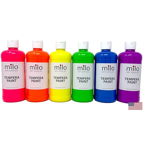 milo Fluorescent Neon Washable Tempera Paint | 16 oz Bottles 6 Colors | Made in the USA | Glows UV in Black Light | Safe & Non-Toxic Paint for Arts & Crafts, Poster, Window, Classroom, School, Project - style: Fluorescent Tempera 6 x 16 oz