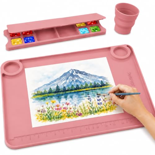 Svartur Silicone Art Mat - 17" X 13" With Cup and Palette, Raised Edge for Craft, Artist Creator Mat for Resin DIY, Coral Pink - color: Coral Pink