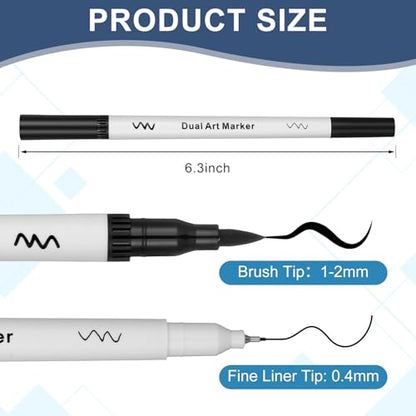 Affrolling 20 Pcs Black Drawing Pens Bulk Dual Brush Fineliners Pens Felt Tip Markers for Art Drawing Sketching