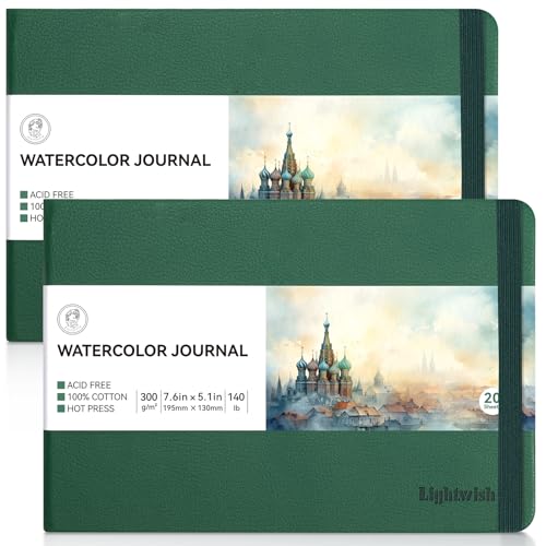 Lightwish Watercolor Journal, 2 Pack 40 Sheets 100% Cotton Hot Press Watercolor Paper Sketchbook 7.6” x 5.3”,140lb/300gsm, Acid-Free for Watercolors, Gouache, Acrylics - color: Green, size: 7.6*5.1 Inches