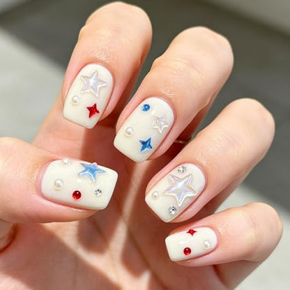 300Pcs Red White Blue Star Nail Rhinestones 4th of July Nail Charms and Gems Flat Back Independence Day Patriotic Star Nail Art Charms Shiny Stars Nail Nail Jewelry for Women Holiday Nail Supplies - color: blue