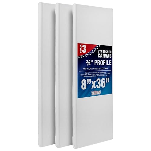 U.S. Art Supply 8 x 36 inch Stretched Canvas for Painting, 12oz Triple Primed, 3-Pack - Professional Artist Quality White Blank 3/4" Profile, 100% Cotton, Heavy-Weight Gesso - Acrylic Pouring, Oil