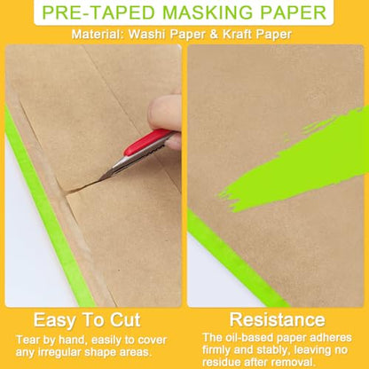 Pre-Taped Masking Paper for Painting,12" x50Feet Adhesive-Backed Tape and Drape Painters Paper Roll,Protective Covering for Car Painting,Auto Detailing,Skirting&Trim Surface Protection - color: Green