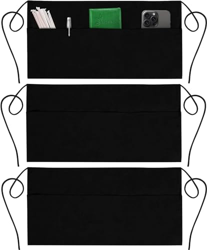 GREEN LIFESTYLE 3 Pack Server Aprons with 3 Pockets - Waist Apron, Waitress Apron for Women and Man, Water Resistant with Long Waist Strap Reinforced Seams, Half Apron (Black) - style: Server - 3 Pack