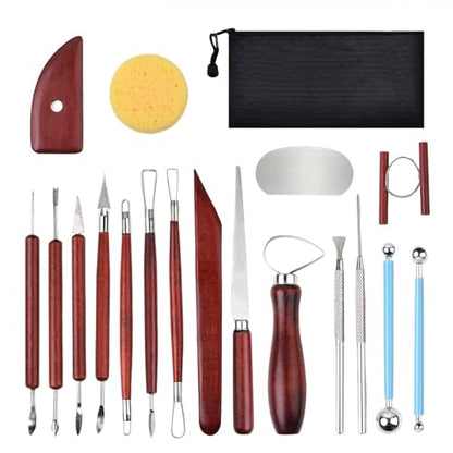 Blisstime 18PCS Clay Sculpting Tools, Basic Clay Pottery Carving Tool Kit with Wooden Handles and Tool Bag - color: Red