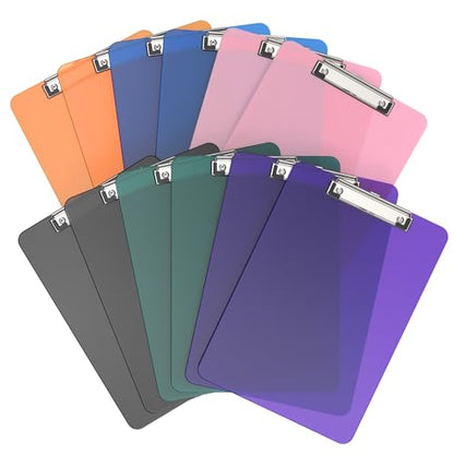 Color Clipboards 12 Pack, A4 Plastic Clear Clip Board 8.5 x 11 for Classroom, Students, Kid, Woman, Size 9" x 12.5" with Low Profile Clip, Office & School Supply
