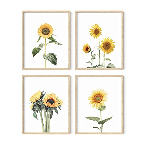 HAUS AND HUES Sunflower Posters - Set of 4, Floral Bedroom Decor, Sunflower Paintings for Wall, Yellow Kitchen Art (8x10, Beige Frame) - color: Sunflower, size: 8x10, style: Beige Framed