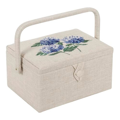 Hobby Gift Medium Sewing Box Organiser, Fabric Covered Storage Box with Handle, Internal Tray, Pin Cushion and Pocket for Sewing, Quilting and Knitting Supplies - color: Hydrangea
