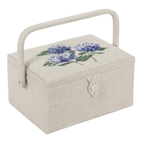Hobby Gift Medium Sewing Box Organiser, Fabric Covered Storage Box with Handle, Internal Tray, Pin Cushion and Pocket for Sewing, Quilting and Knitting Supplies - color: Hydrangea