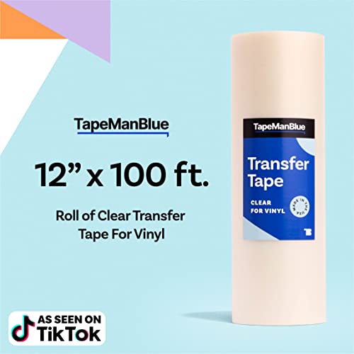 TapeManBlue Clear Transfer Tape for Vinyl - 12" x 100' Roll, Made in USA, Premium Vinyl Transfer Tape with Medium to High Tack Adhesive for Crafts, Decals & Letters