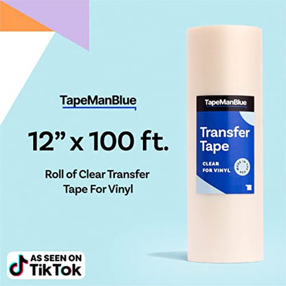TapeManBlue Clear Transfer Tape for Vinyl - 12" x 100' Roll, Made in USA, Premium Vinyl Transfer Tape with Medium to High Tack Adhesive for Crafts, Decals & Letters