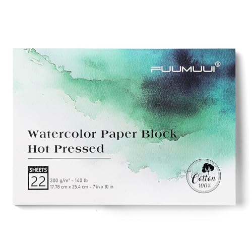 Fuumuui Watercolor Paper Block 7x10 Inch, Smooth Surface 100% Cotton Watercolor Paper, 22 Sheets, 140lb/300gsm, Hot Press, Acid-Free, Art Paper for Painting & Drawing, Wet, Mixed Media - color: Hot Press, size: 7×10"