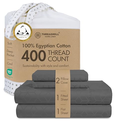 Threadmill Egyptian Cotton Full Size Sheet Set - 100% Certified Deep Pocket 4 Pc Cooling Bedding - Soft Damask Jacquard - Dark Grey - color: Dark Grey Cadence, size: Full
