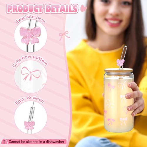 4 Set 16 oz Coquette Bows Glass Cups with Lids and Bows Straws Cleaning Brushes Aesthetic Iced Coffee Cup Reusable Mug for Women Sister Birthday Gift Not Dishwasher Safe(Pink,Bow) - color: Pink, size: Bow