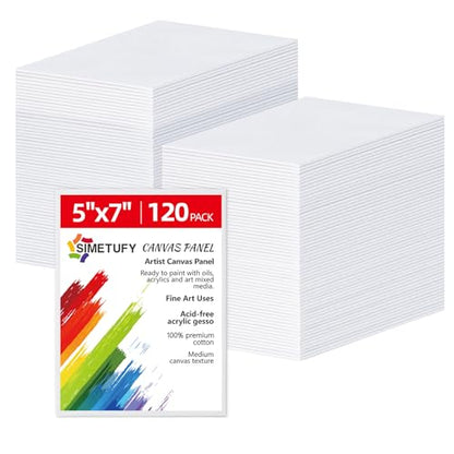Simetufy 5x7 inch 120 Pack Small Painting Canvas Boards- Gesso Primed Acid-Free 100% Cotton Canvas Panels for Acrylics Oil Watercolor Tempera Paints - size: 5"x7"- 120 pack