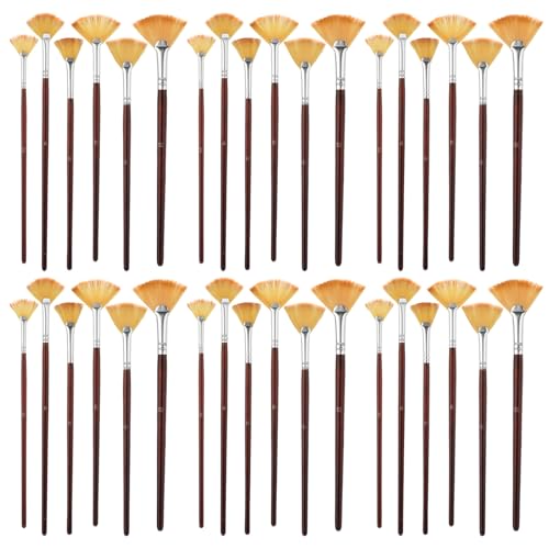 COMNICO 42 Pcs Fan Paint Brushes, Professional Artist Painting Brush Set Soft Nylon Hair Brush Long Wooden Handle for Artists Acrylic Watercolor Oil Painting