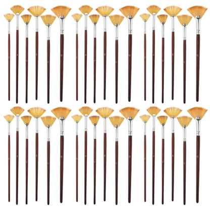 COMNICO 42 Pcs Fan Paint Brushes, Professional Artist Painting Brush Set Soft Nylon Hair Brush Long Wooden Handle for Artists Acrylic Watercolor Oil Painting