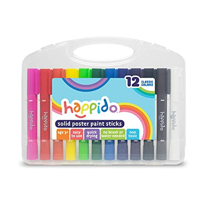 Happido Solid Poster Paint Sticks, Set of 12 - Non-Toxic, Mess-Free, and Quick Drying Variety Pack, Includes Bright, Vibrant, Classic Colors, Easy to Use, No Brush Needed