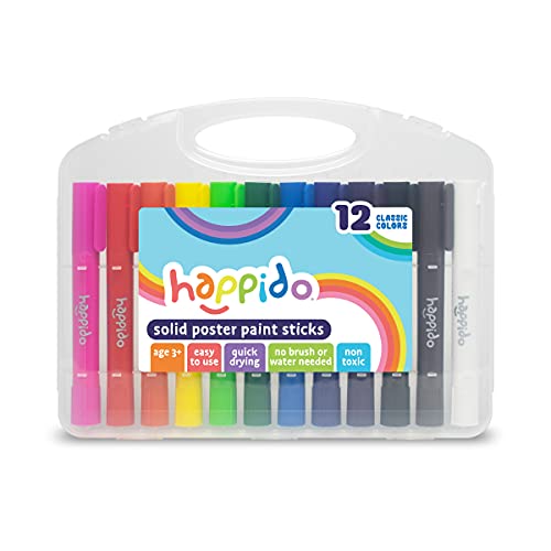 Happido Solid Poster Paint Sticks, Set of 12 - Non-Toxic, Mess-Free, and Quick Drying Variety Pack, Includes Bright, Vibrant, Classic Colors, Easy to Use, No Brush Needed