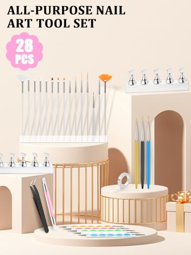 YOOVR Nail Art Tools Set, Nail Stand for Press on Holder for Painting Nails, Nail Art Brushes, Liner Brushes, Nail Dotting Tool, Must Haves Design Tools Supplies Kit for Nail Tech & Beginners (White) - color: White