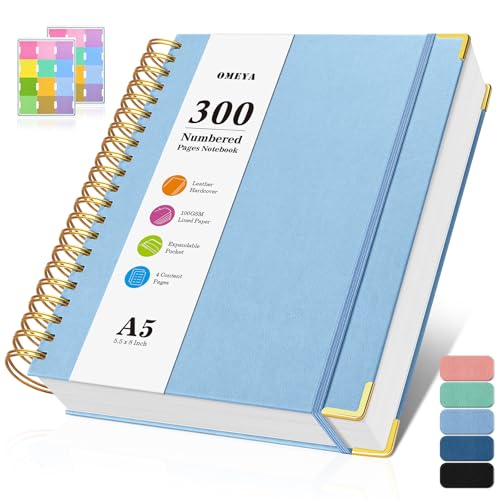 Spiral Notebook, 300 Numbered Pages Notebooks College Ruled with Contens, 100GSM Thick Journal for Women Men, Hardcover Leather Lined Journal for Writing, Large A5 Journaling Notebooks for Work School - color: Light Blue, size: A5