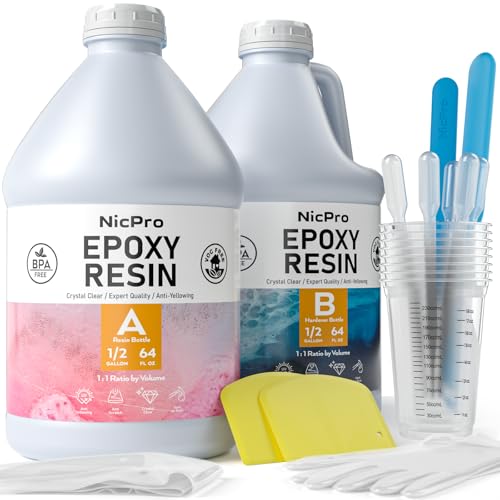 Nicpro 1 Gallon/128OZ Crystal Clear Epoxy Resin Kit, High Gloss & Bubbles Free Resin Supplies for Art Coating and Casting, Craft DIY, Wood, Tabletop,Molds, River Tables with Cups, Sticks, Gloves - size: 1 gallon