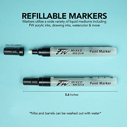 Daler Rowney FW Mixed Media Paint Markers - 1-2 mm Round Paint Marker Nibs - 2-Pack with Extra Nibs for Liquid Media, Medium - style: 2X1 1-2MM Round, Marker