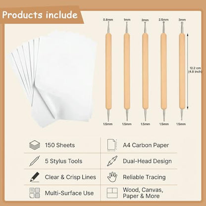 150 Sheets White Carbon Graphite Transfer Paper A4 Size Tracing Carbon Copy Graphite Paper with 5 Embossing Stylus Tracing Stylus Dotting Tools for Cloth Fabric Embroidery and Wood