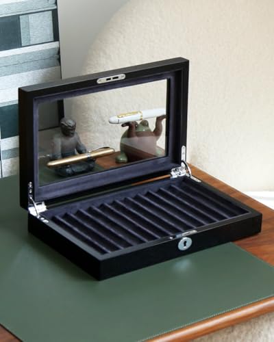 Wood Pen Display Case with 12 Pens, Fountain Pen Display Box, Lockable Pen Storage Box with Glass Top, Pen Box Organizer, Pen Collection Display Case (Black with Gray Velvet) - color: Black 12 Slots, Gray Velvet