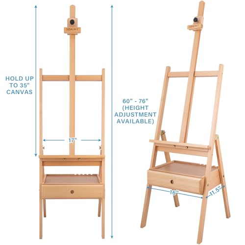 Large Wooden H-Frame Studio Easel, Solid Beechwood Easel Stand with Storage Drawer, Height Adjustable to 35Inches High, Suitable for Painting, Sketching and Displaying, Natural - style: Basic Natural