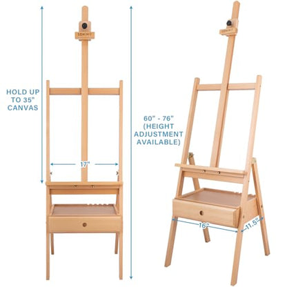 Large Wooden H-Frame Studio Easel, Solid Beechwood Easel Stand with Storage Drawer, Height Adjustable to 35Inches High, Suitable for Painting, Sketching and Displaying, Natural - style: Basic Natural
