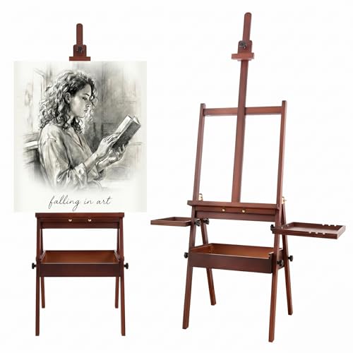 Large Wooden Painting Easel with Storage Drawer and Palettes, H-Frame Studio Easel Stand Holds Canvas up to 36 Inches, Suitable for Adults, Beginners, and Artists, Walnut - style: Walnut