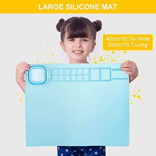 Silicone Art Mat with Cup, Painting Mat for Crafts Resin Casting, Artist Mat with Pen Holders for Kids Gift, Clay, DIY Creations and Play Doh, Christmas Gift for Kids (Blue) - color: Blue