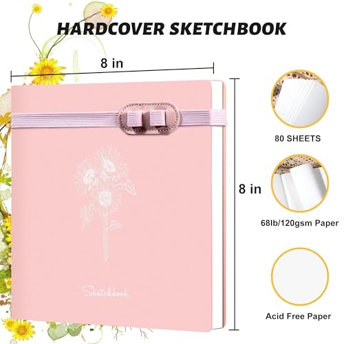 Yoment Hardcover Sketch Book, Sketchbook for Drawing with 2 Pencils, 150GSM Thick Paper, Square Art Sketch Book Drawing Paper Book 160 Pages Sketch Pad Journal for Women Adults,Gift Boxed, Pink - color: Pink