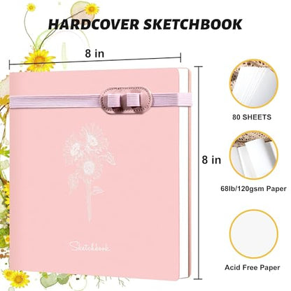 Yoment Hardcover Sketch Book, Sketchbook for Drawing with 2 Pencils, 150GSM Thick Paper, Square Art Sketch Book Drawing Paper Book 160 Pages Sketch Pad Journal for Women Adults,Gift Boxed, Pink - color: Pink