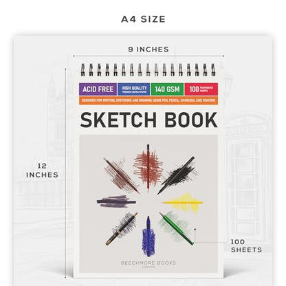 BEECHMORE BOOKS 9"x12" Spiral Bound Sketchbook - 100 Perforated Sheets 140 GSM (95lb) Acid-Free White Paper, Premium Professional Artist Sketch Pad, Art Supplies for Adults Students Drawing Notebook - size: A4 (9" x 12")