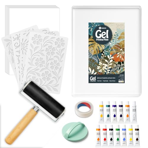 DINGSEN Gel Printing Plate Kit, Complete Printmaking Set with 8” X10” Gel Plate, Brayer, Watercolor Paints, A4 Printmaking Paper, and Essential Tools for Mixed Media Art, Monoprinting, Card Making