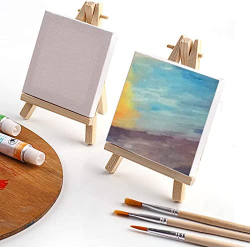 Tosnail 24 Pack 3" x 3" Mini Canvas and Easel Set, Small Art Easel Stand with Canvas Set, Tabletop Wooden Display Stand and Canvas Panels for Artist, Students, Adults, Kids Painting