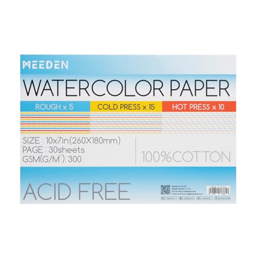 MEEDEN Watercolor Paper Block - 3 Textures 100% Cotton Watercolor Paper Pad of 30 Sheets, 140lb/300gsm, Acid-Free Art Paper for Watercolor, Gouache, Ink and More, 10" x 7" - size: 10×7"