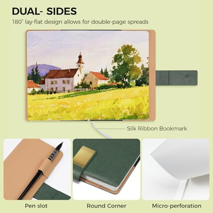 Watercolor Sketchbook,8.2 x 5.5 inch,20 Sheets Hot Press 100% Cotton 300 GSM 140lb,A5 Watercolor Paper for Art Painting, Drawing, Mixed Media - color: green