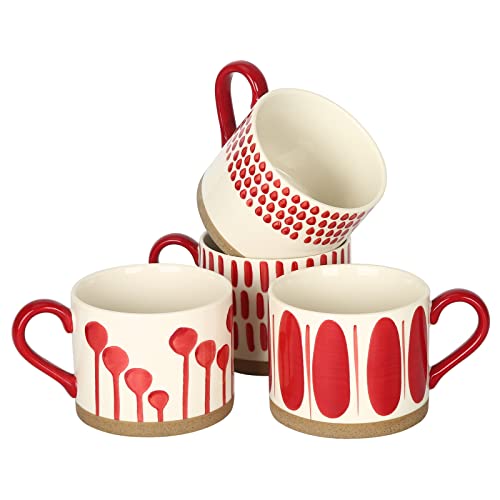 Koja 16 oz Premium Hand Painted Porcelain Ceramic Mug Set, Large Coffee & Tea Mugs, Elegant Decorative Durable Stoneware Microwave Safe Drinkware for Home Kitchen, 4-Pack - size: 16 oz Red