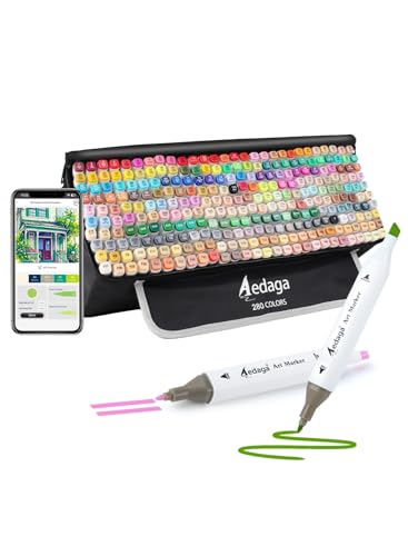 AEDAGA 280 Colors Alcohol Markers with Free App, Dual Tip Art Markers with Kickstand Case for Artists Adults,Alcohol Based Marker for Coloring Painting Sketching and Drawing, Great Gift - color: 280 Colors