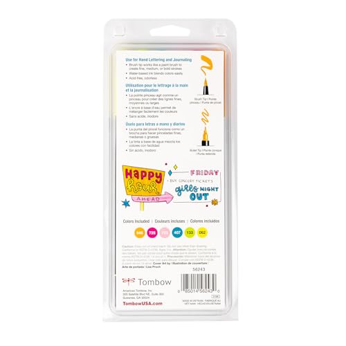 Tombow 56243 Dual Brush Pen Art Markers, Happy Hour, 6-Pack, Water-Based Ink, for Hand Lettering, Watercolor, Fine Art, Illustrations