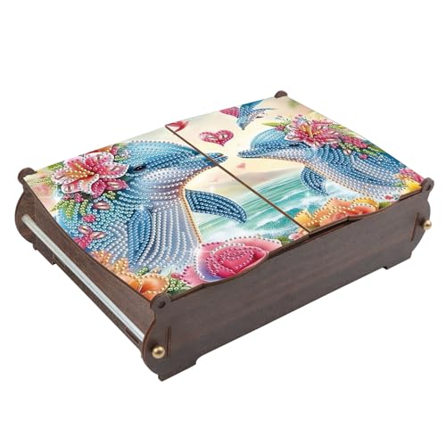 Diamond Painting Kit Wooden Storage Box, Dolphin DIY Special Shaped Diamond Flip Cover Wooden Money Box, Handmade Art Desktop Decorations Birthday Gifts for Friends - color: dolphin
