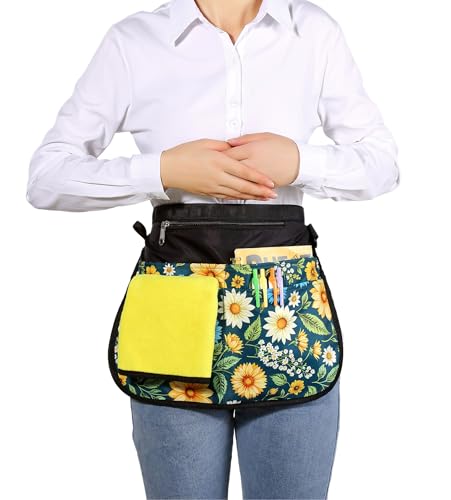 Waterproof Server Apron for Women with 5 Pockets,Quickly Put on and Take off Waitress Aprons,Work Apron for Bartender Barista - color: Green Flowers