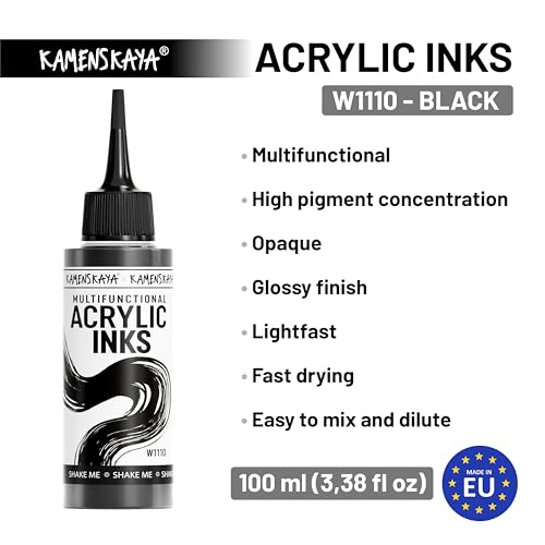KAMENSKAYA Acrylic Inks for Artists - Black Acrylic Ink, 3.38 Fl Oz (100 ml) - color: Black