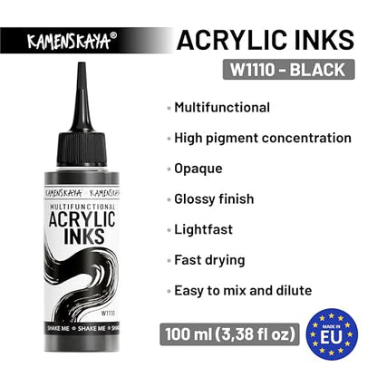 KAMENSKAYA Acrylic Inks for Artists - Black Acrylic Ink, 3.38 Fl Oz (100 ml) - color: Black