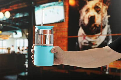 Sunseeke Glass Tumbler with Straw and Lid, 16oz Ice Coffee Cup, Silicone Sleeve Cleaning Brushes, Drinking Glasses for Water, Iced Coffee, Smoothie -BPA Free -3Pack - color: White, Black, Turquoise blue