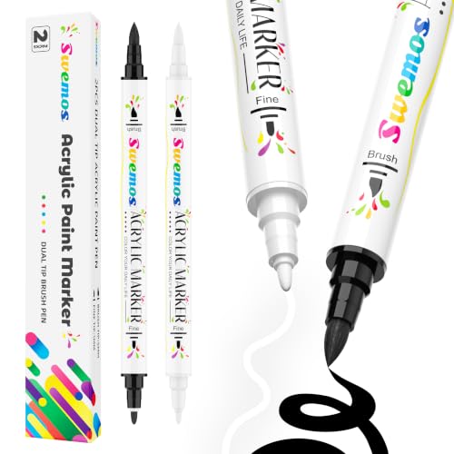 2 Black And White Acrylic Paint Markers for Fabric Rocks Canvas Ceramic | Suitable for Almost All Surface - color: Black+White, size: 2