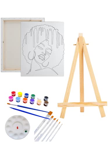 Pre Drawn Canvas Paint Kit | Teen, Kids and Adult Sip and Paint Party |Date Night Couple Activity| Canvas Boards for painting| Afro Woman Drippy (M 12X16 PAINT. EASLE, 10 PAINT BRUSHES) - size: M 12X16 PAINT. EASLE, 10 PAINT BRUSHES